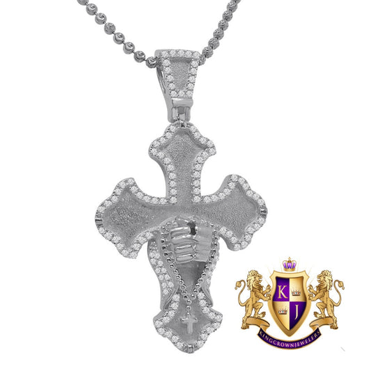 Real Sterling Silver White Gold Tone Simulated Diamond Praying Hands Cross Charm Pendent Chain Set  2''