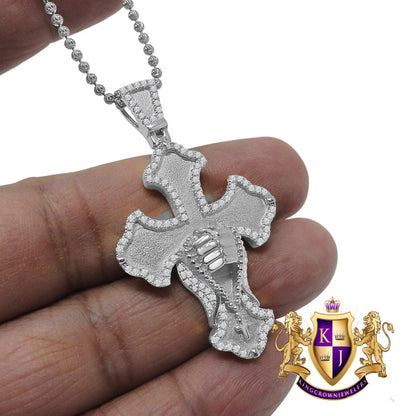 Real Sterling Silver White Gold Tone Simulated Diamond Praying Hands Cross Charm Pendent Chain Set  2''