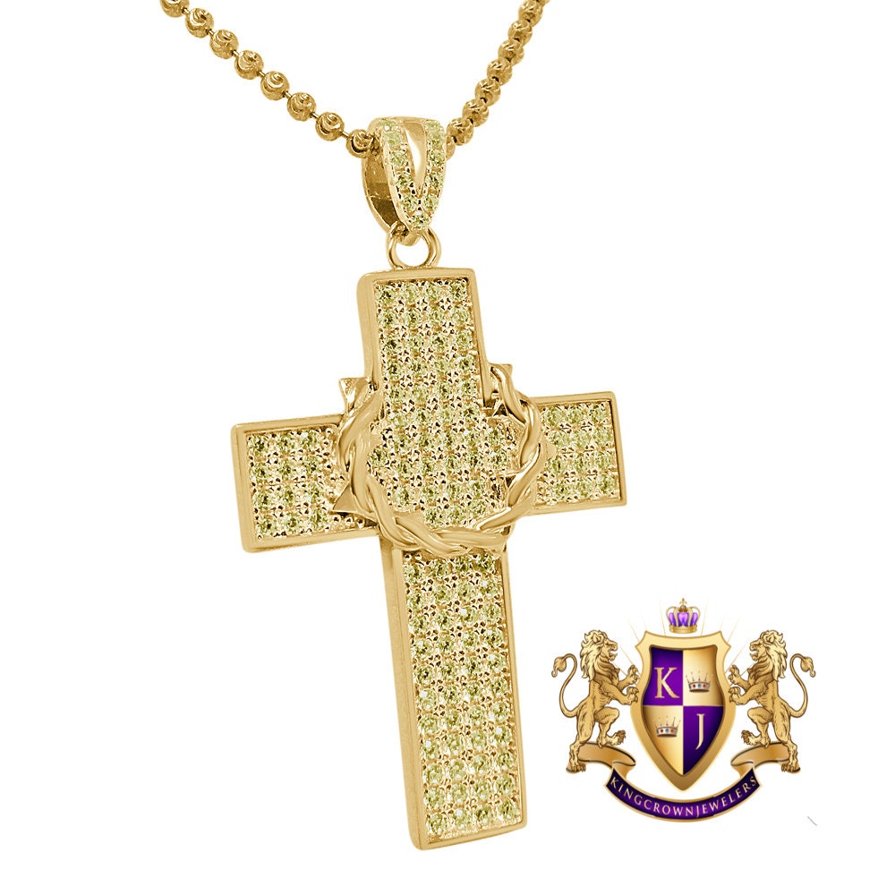 Real Sterling Silver Yellow Gold Tone Canary Simulated Diamond Holy Cross Charm Pendent Chain Set  1.90''