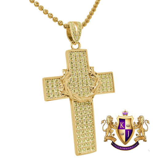 Real Sterling Silver Yellow Gold Tone Canary Simulated Diamond Holy Cross Charm Pendent Chain Set  1.90''
