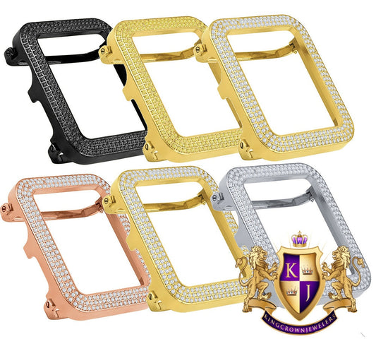 Solid Stainless Steel Apple Watch Bezel Fit Series # 4,5,6, 14K Gold Over CNC Set 4.00 Cwt. Simulated Diamond 44mm Custom Cover Insert Case