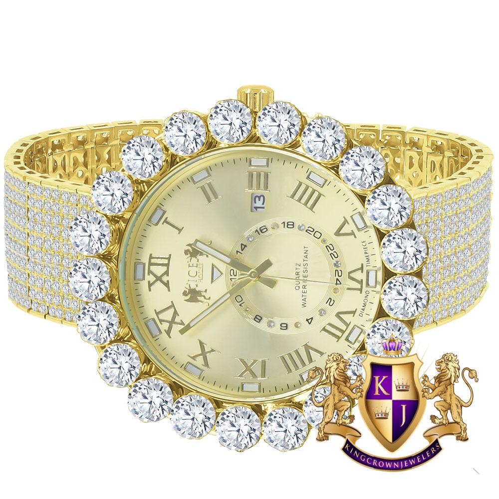 Real Genuine Diamond Dial Roman Numeral Face Yellow Gold Tone 10 Row Custom Band Bezel Watch XL 55mm