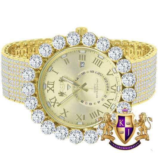 Real Genuine Diamond Dial Roman Numeral Face Yellow Gold Tone 10 Row Custom Band Bezel Watch XL 55mm