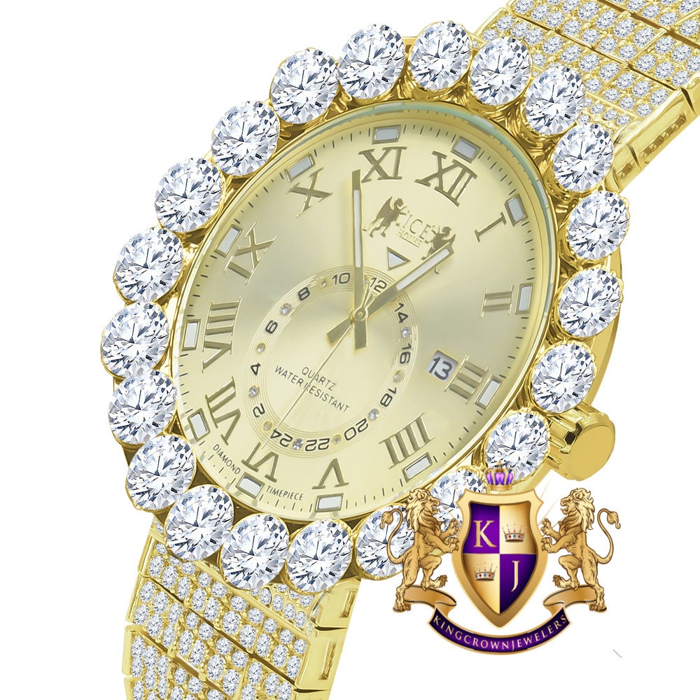 Real Genuine Diamond Dial Roman Numeral Face Yellow Gold Tone 10 Row Custom Band Bezel Watch XL 55mm