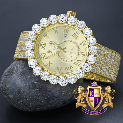 Real Genuine Diamond Dial Roman Numeral Face Yellow Gold Tone 10 Row Custom Band Bezel Watch XL 55mm