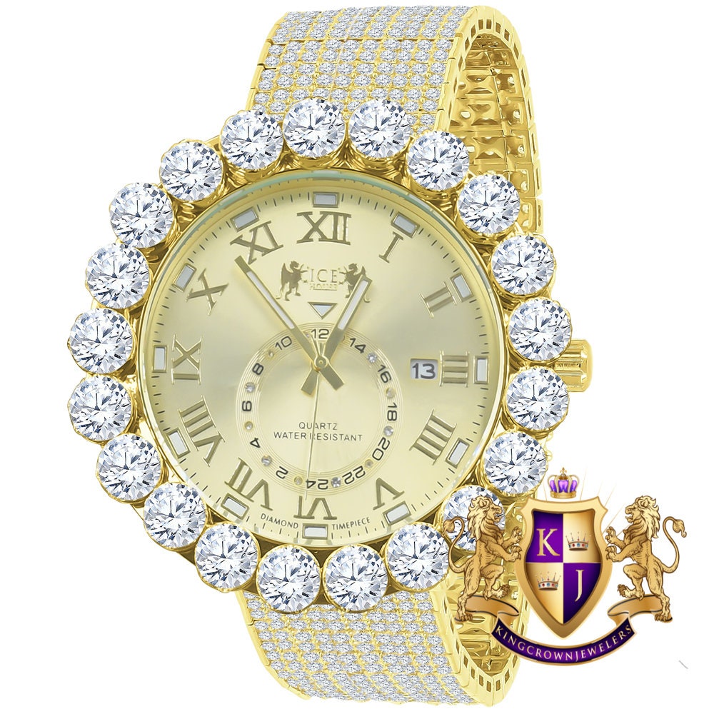 Real Genuine Diamond Dial Roman Numeral Face Yellow Gold Tone 10 Row Custom Band Bezel Watch XL 55mm