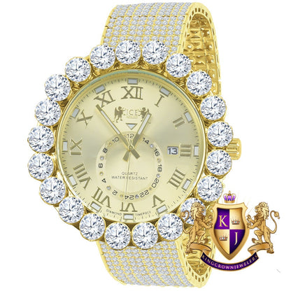 Real Genuine Diamond Dial Roman Numeral Face Yellow Gold Tone 10 Row Custom Band Bezel Watch XL 55mm