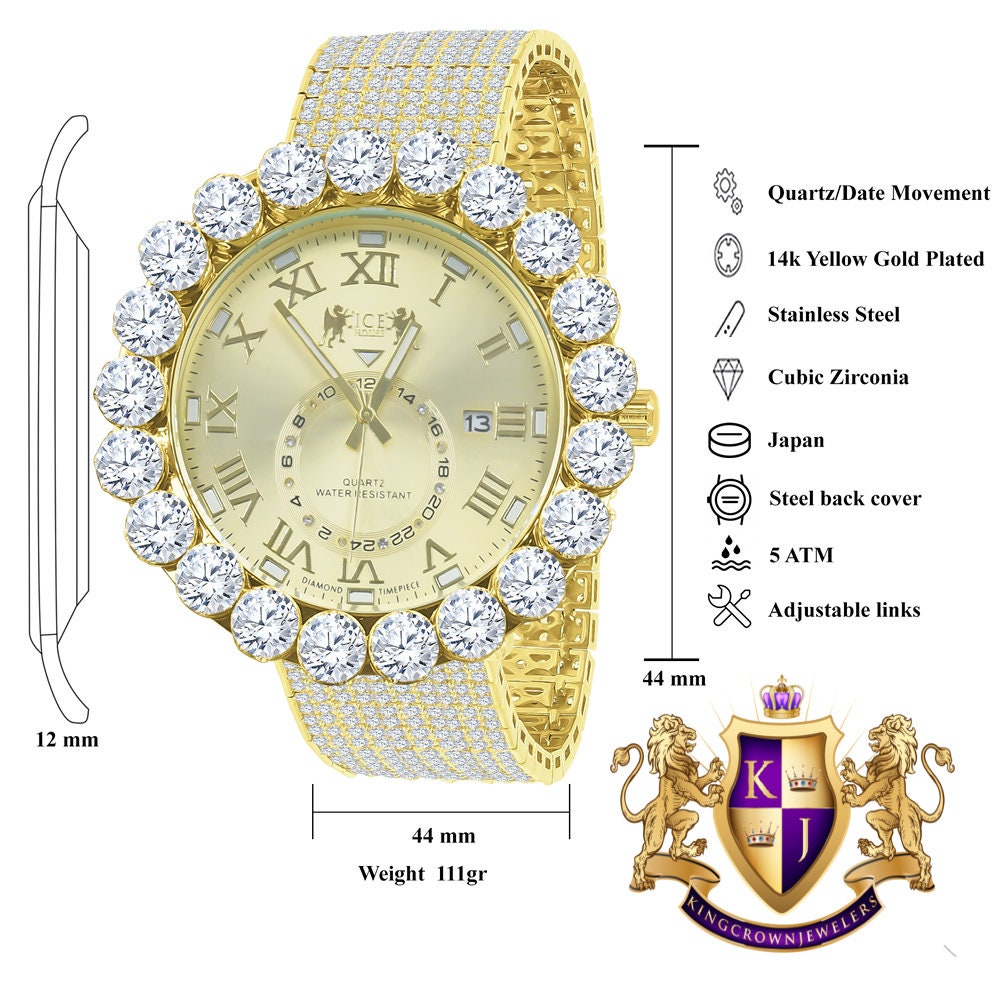 Real Genuine Diamond Dial Roman Numeral Face Yellow Gold Tone 10 Row Custom Band Bezel Watch XL 55mm