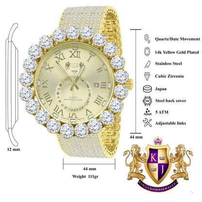 Real Genuine Diamond Dial Roman Numeral Face Yellow Gold Tone 10 Row Custom Band Bezel Watch XL 55mm