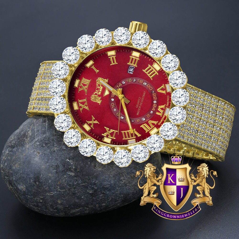 Real Diamond Dial Ruby Red Face Roman Numeral Face Yellow Gold Tone 10 Row Custom Band Bezel Watch XL 55mm
