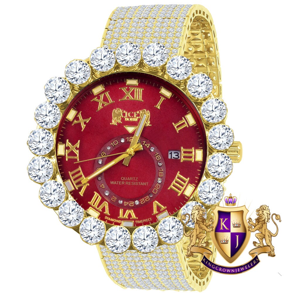 Real Diamond Dial Ruby Red Face Roman Numeral Face Yellow Gold Tone 10 Row Custom Band Bezel Watch XL 55mm