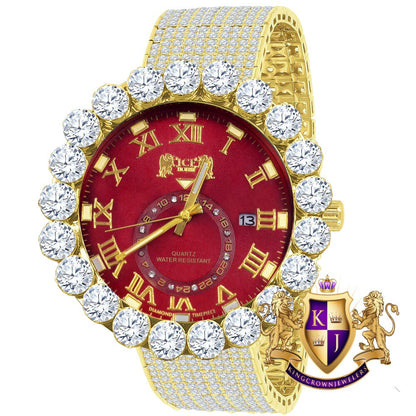 Real Diamond Dial Ruby Red Face Roman Numeral Face Yellow Gold Tone 10 Row Custom Band Bezel Watch XL 55mm