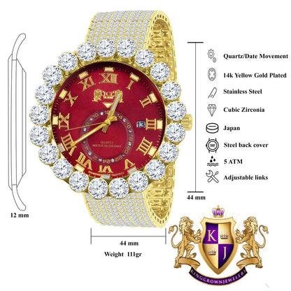 Real Diamond Dial Ruby Red Face Roman Numeral Face Yellow Gold Tone 10 Row Custom Band Bezel Watch XL 55mm