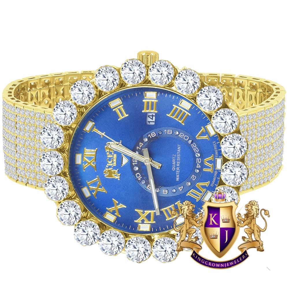 Real Diamond Dial Blue Sapphire Roman Numeral Face Yellow Gold Tone 10 Row Custom Band Bezel Watch XL 55mm
