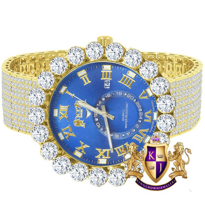 Real Diamond Dial Blue Sapphire Roman Numeral Face Yellow Gold Tone 10 Row Custom Band Bezel Watch XL 55mm