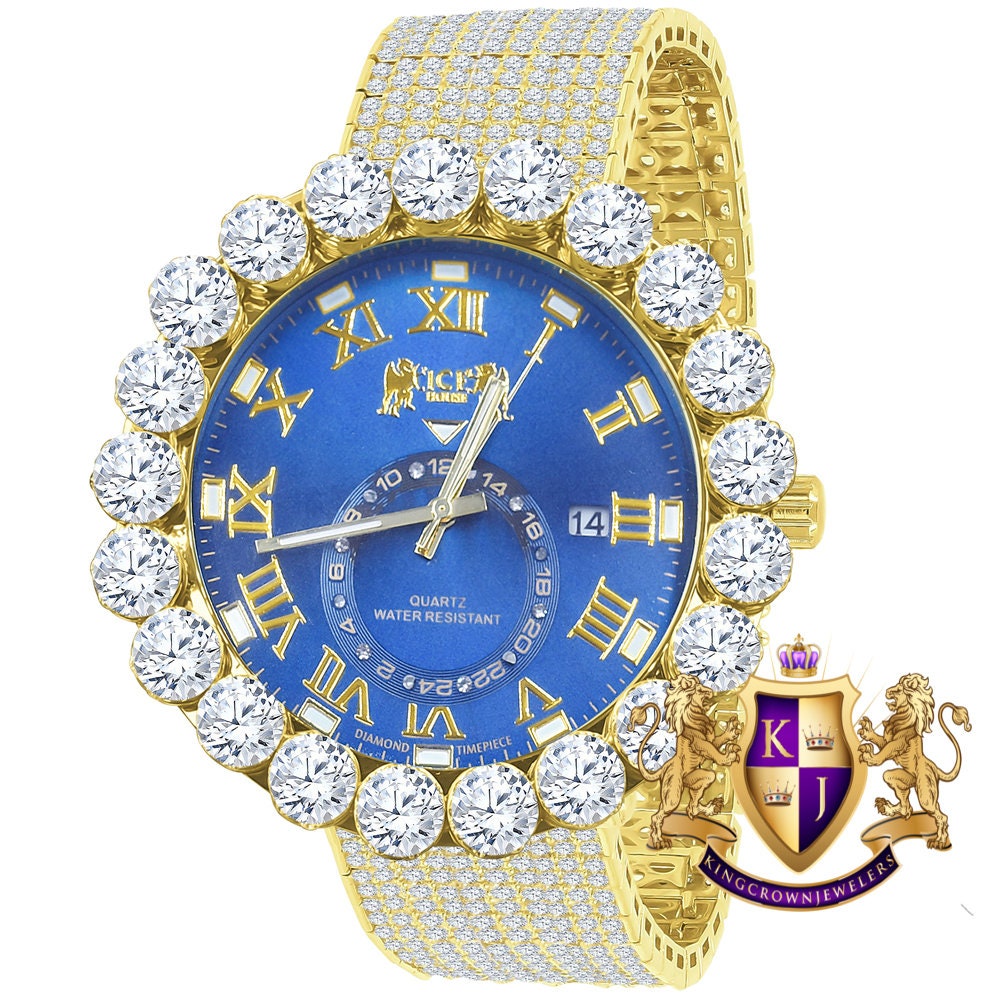Real Diamond Dial Blue Sapphire Roman Numeral Face Yellow Gold Tone 10 Row Custom Band Bezel Watch XL 55mm