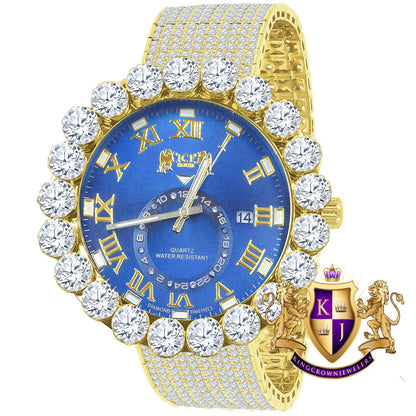 Real Diamond Dial Blue Sapphire Roman Numeral Face Yellow Gold Tone 10 Row Custom Band Bezel Watch XL 55mm