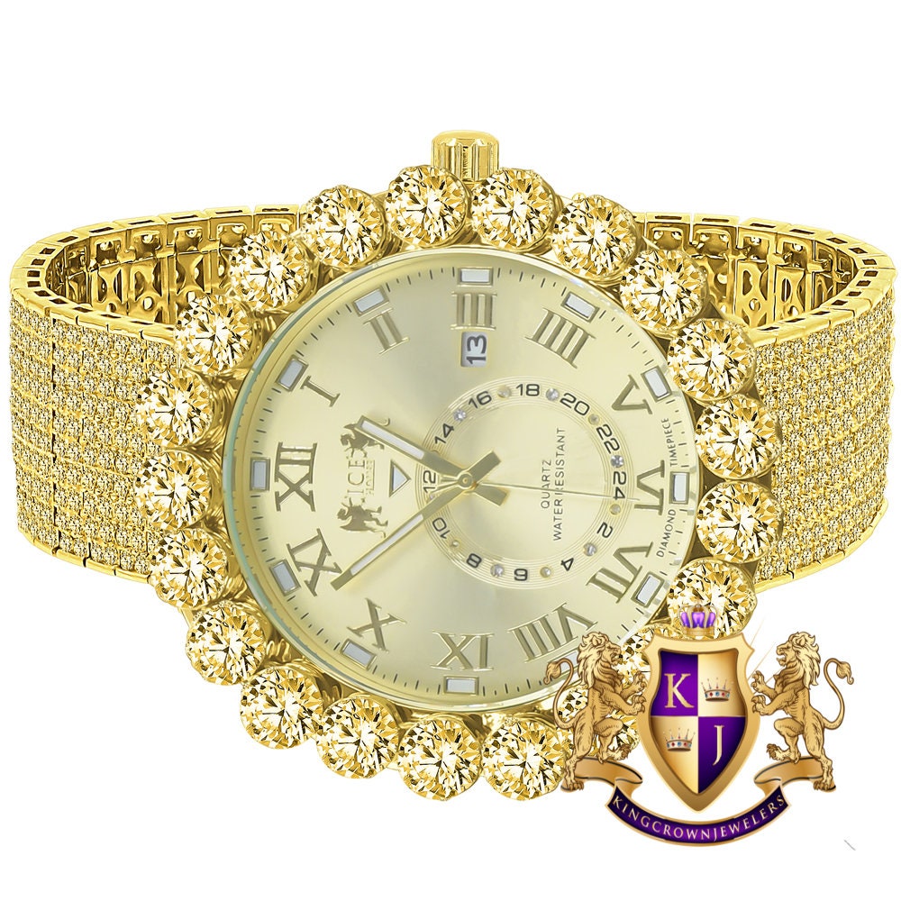 Canary Real Genuine Diamond Dial Roman Numeral Face Gold Tone 10 Row Custom Band Bezel Watch XL 55mm