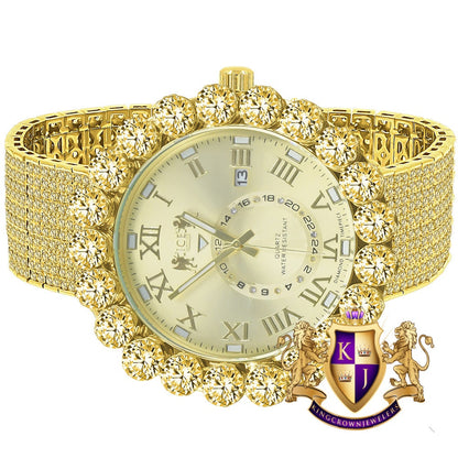 Canary Real Genuine Diamond Dial Roman Numeral Face Gold Tone 10 Row Custom Band Bezel Watch XL 55mm
