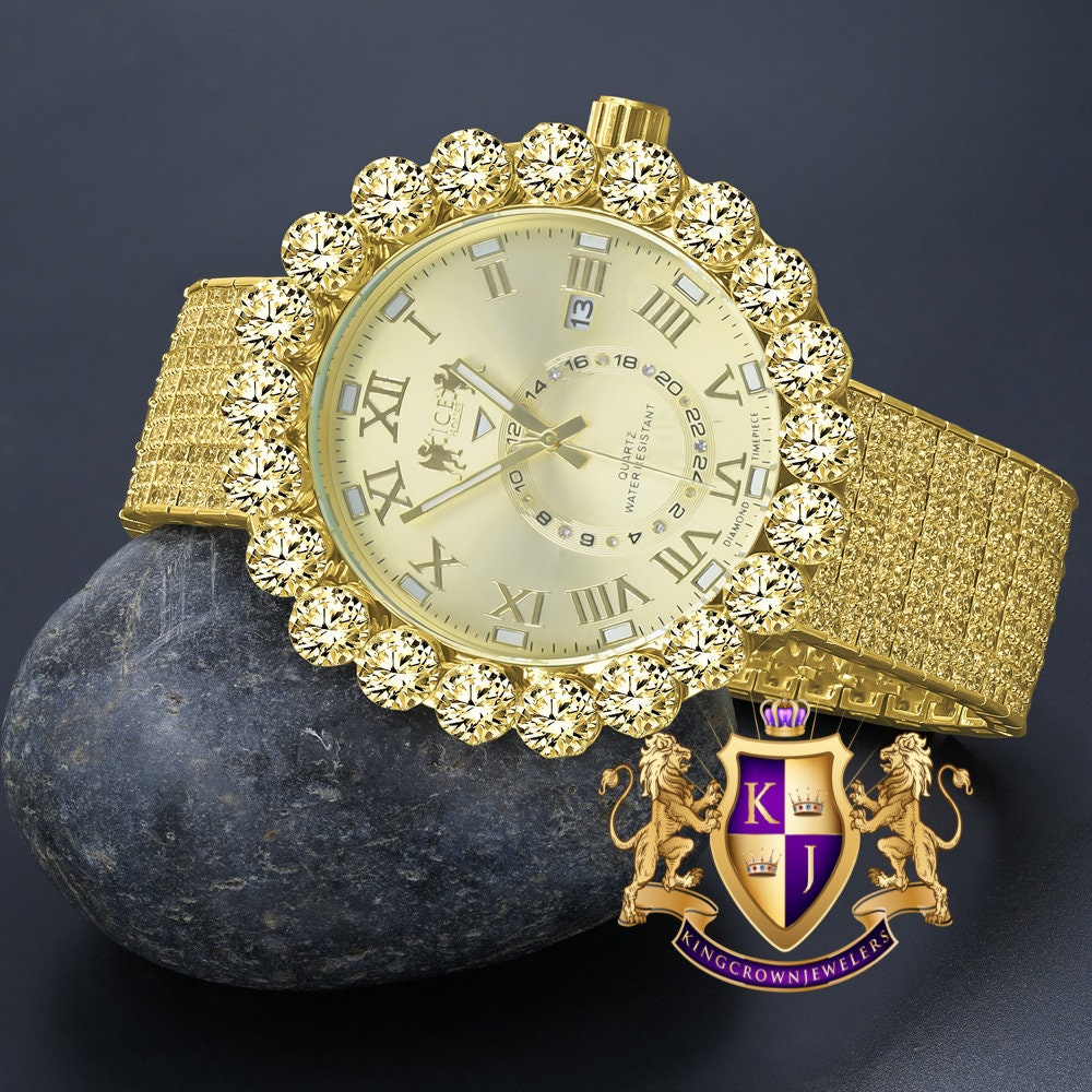 Canary Real Genuine Diamond Dial Roman Numeral Face Gold Tone 10 Row Custom Band Bezel Watch XL 55mm