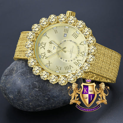 Canary Real Genuine Diamond Dial Roman Numeral Face Gold Tone 10 Row Custom Band Bezel Watch XL 55mm