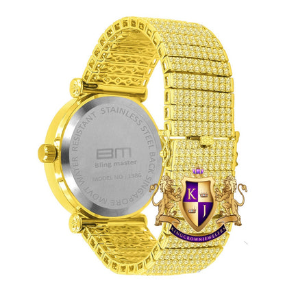 Canary Real Genuine Diamond Dial Roman Numeral Face Gold Tone 10 Row Custom Band Bezel Watch XL 55mm