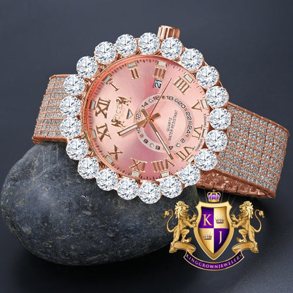 Rose Gold Tone Real Diamond Dial Roman Numeral Pink Face 10 Row Custom Band Bezel Watch XL 55mm