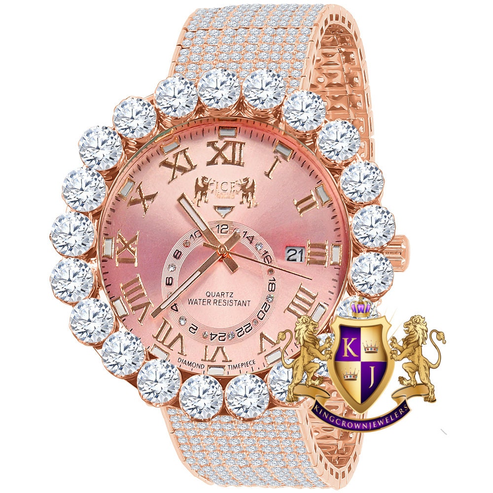 Rose Gold Tone Real Diamond Dial Roman Numeral Pink Face 10 Row Custom Band Bezel Watch XL 55mm