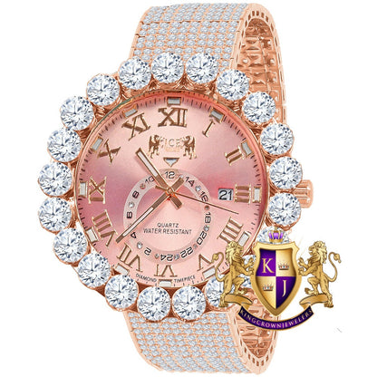 Rose Gold Tone Real Diamond Dial Roman Numeral Pink Face 10 Row Custom Band Bezel Watch XL 55mm