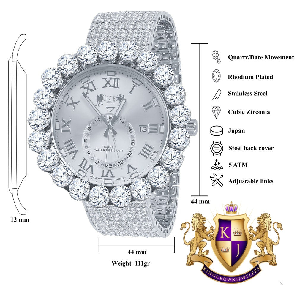 Real Genuine Diamond Dial Roman Numeral Face White Gold Tone 10 Row Custom Band Bezel Watch XL 55mm