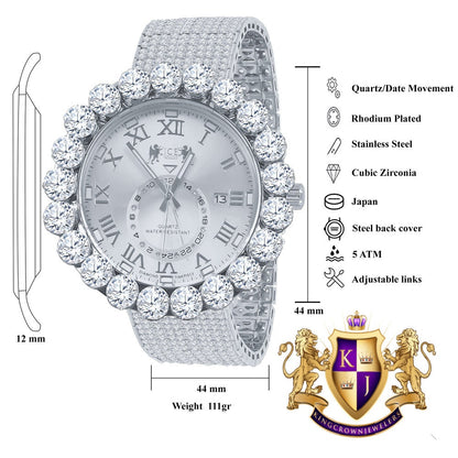 Real Genuine Diamond Dial Roman Numeral Face White Gold Tone 10 Row Custom Band Bezel Watch XL 55mm