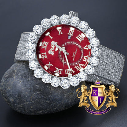 Real Diamond Dial Ruby Red Face Roman Numeral Face White Gold Tone 10 Row Custom Band Bezel Watch XL 55mm