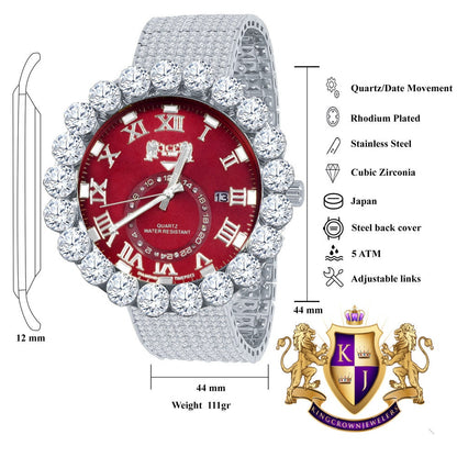 Real Diamond Dial Ruby Red Face Roman Numeral Face White Gold Tone 10 Row Custom Band Bezel Watch XL 55mm
