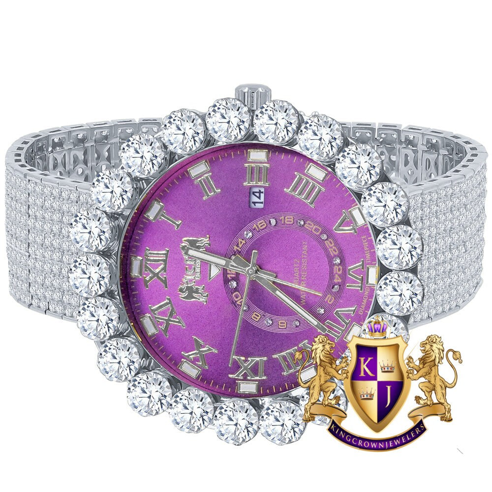 Real Diamond Dial Ruby Purple Face Roman Numeral Face White Gold Tone 10 Row Custom Band Bezel Watch XL 55mm