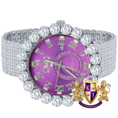 Real Diamond Dial Ruby Purple Face Roman Numeral Face White Gold Tone 10 Row Custom Band Bezel Watch XL 55mm