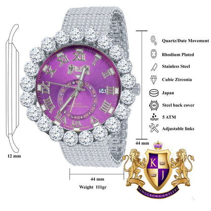 Real Diamond Dial Ruby Purple Face Roman Numeral Face White Gold Tone 10 Row Custom Band Bezel Watch XL 55mm