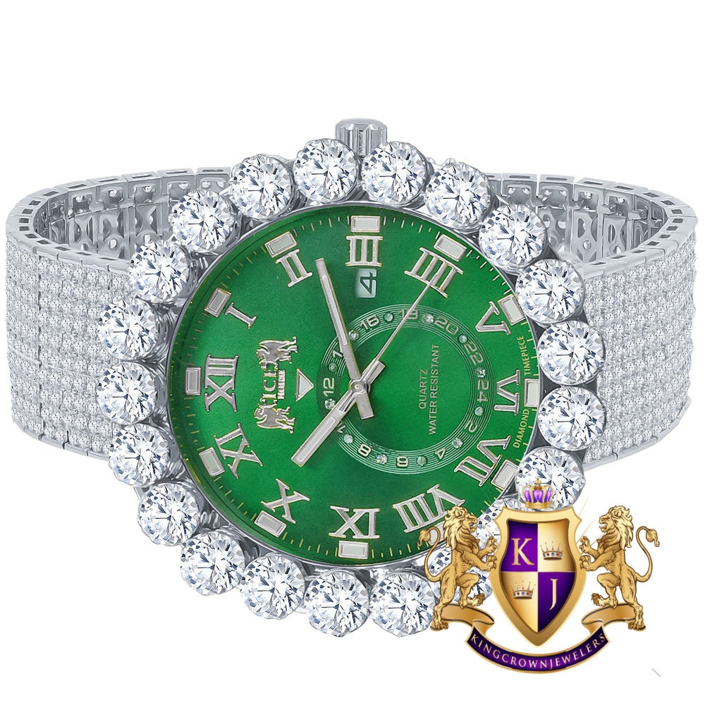 Real Diamond Dial Green Face Roman Numeral Face White Gold Tone 10 Row Custom Band Bezel Watch XL 55mm