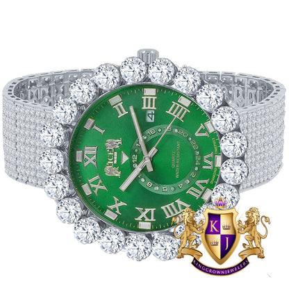 Real Diamond Dial Green Face Roman Numeral Face White Gold Tone 10 Row Custom Band Bezel Watch XL 55mm