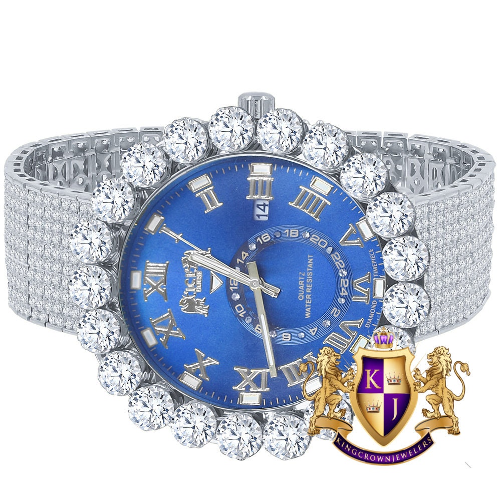 Real Diamond Dial Blue Face Roman Numeral Face White Gold Tone 10 Row Custom Band Bezel Watch XL 55mm