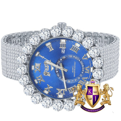 Real Diamond Dial Blue Face Roman Numeral Face White Gold Tone 10 Row Custom Band Bezel Watch XL 55mm