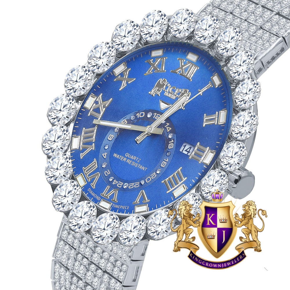 Real Diamond Dial Blue Face Roman Numeral Face White Gold Tone 10 Row Custom Band Bezel Watch XL 55mm