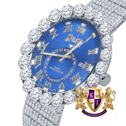 Real Diamond Dial Blue Face Roman Numeral Face White Gold Tone 10 Row Custom Band Bezel Watch XL 55mm