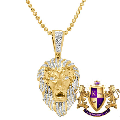 Men's Real Genuine Authentic  Diamond 0.40 Cwt. 15+ Grams Lion King Head Face Charm 10K Gold Over Pendent Chain Neckless Set Small 1.50''