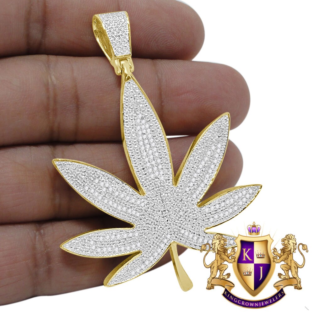 Mens Genuine Authentic Diamond 10K Yellow Gold Over Weed Marijuana Leaf Plant Pendant Charm 2.75''