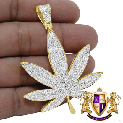 Mens Genuine Authentic Diamond 10K Yellow Gold Over Weed Marijuana Leaf Plant Pendant Charm 2.75''