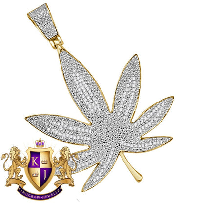 Mens Genuine Authentic Diamond 10K Yellow Gold Over Weed Marijuana Leaf Plant Pendant Charm 2.75''