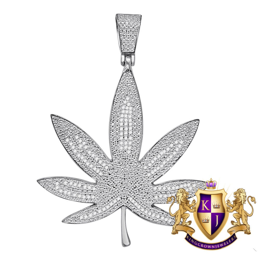 Mens Genuine Authentic Diamond 10K White Gold Over Weed Marijuana Leaf Plant Pendant Charm 2.75''