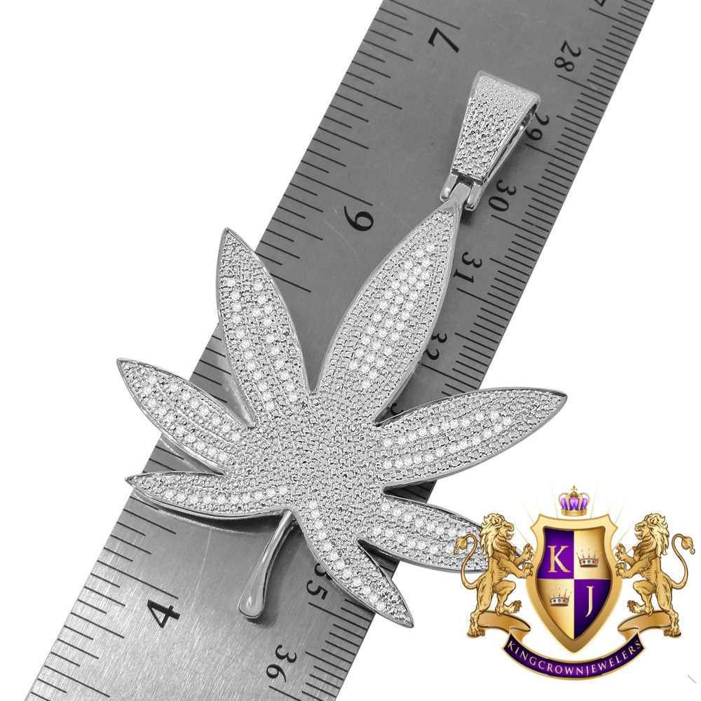 Mens Genuine Authentic Diamond 10K White Gold Over Weed Marijuana Leaf Plant Pendant Charm 2.75''