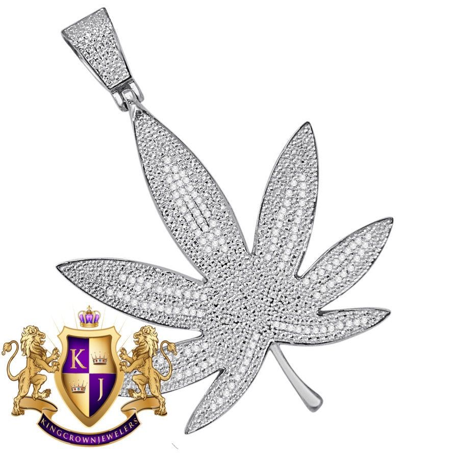 Mens Genuine Authentic Diamond 10K White Gold Over Weed Marijuana Leaf Plant Pendant Charm 2.75''