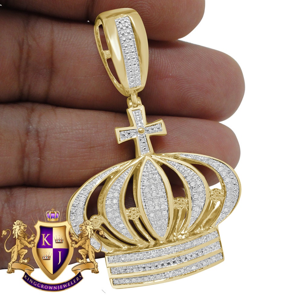 Real Genuine Diamond Kings Crown Cross Pave Charm Pendent 10K Yellow Gold Finish